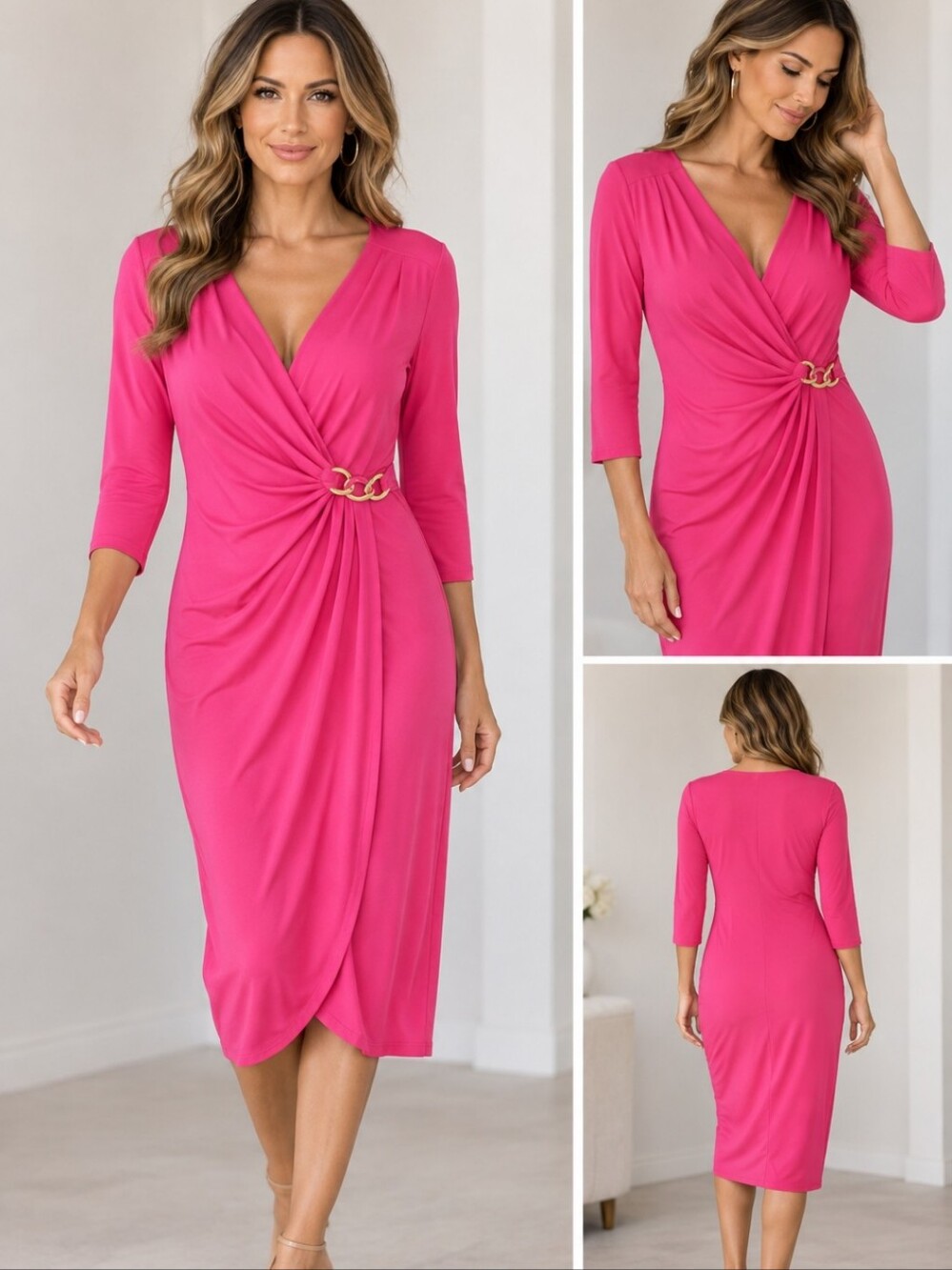 Vince Camuto Hot Pink Draped Wrap Midi Dress with Gold Link